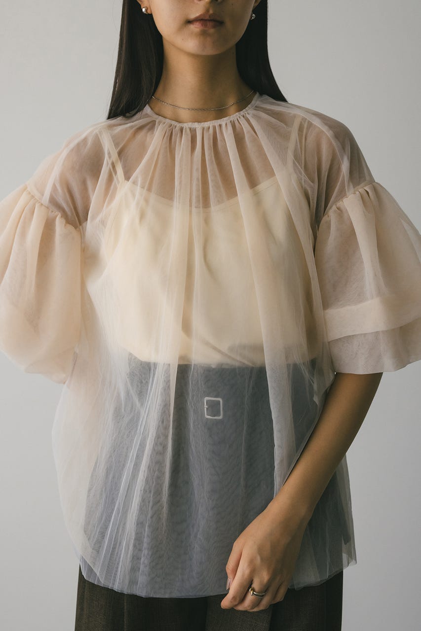 ギャザースリーブチュールトップ BEG FREE