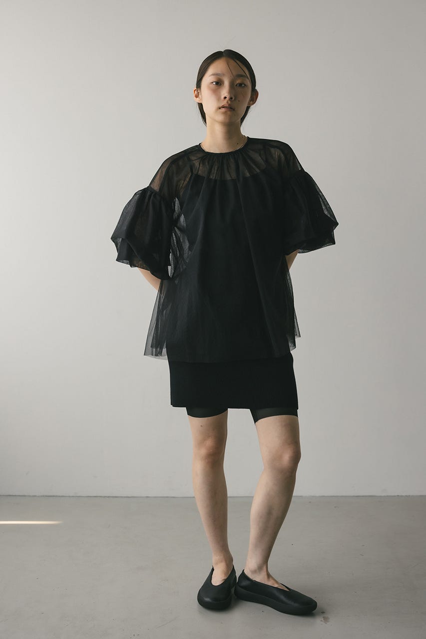 ギャザースリーブチュールトップ BLK FREE