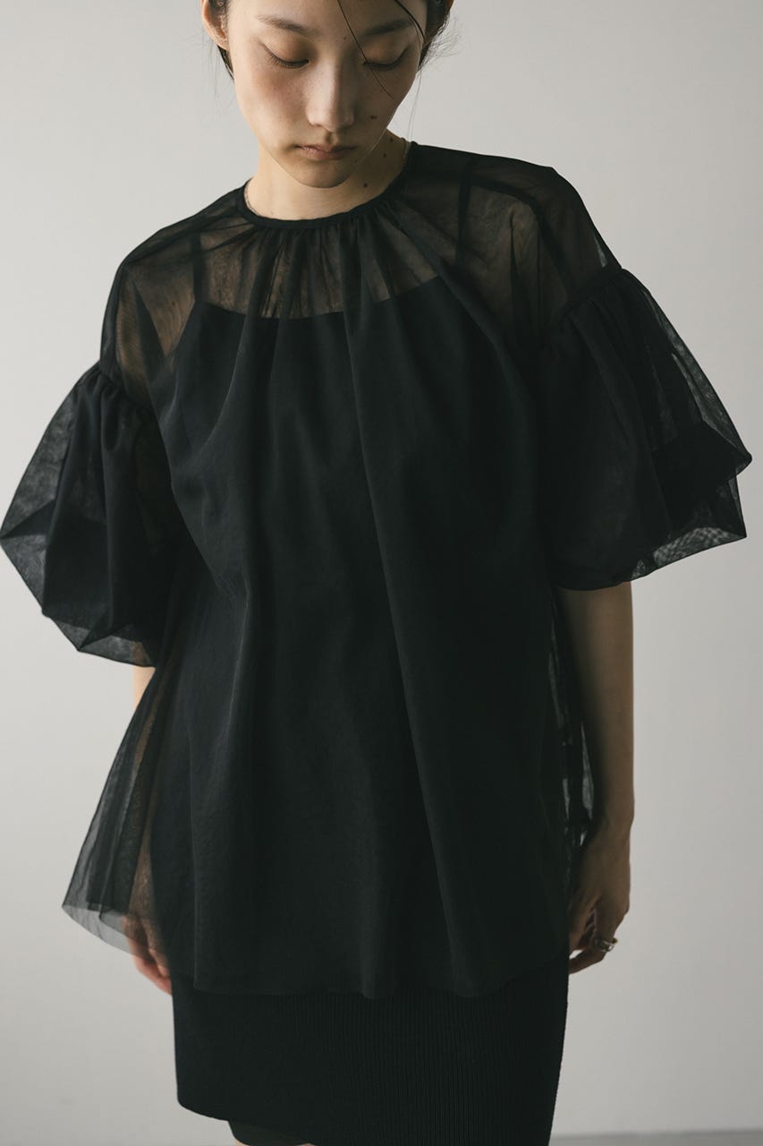 ギャザースリーブチュールトップ BLK FREE