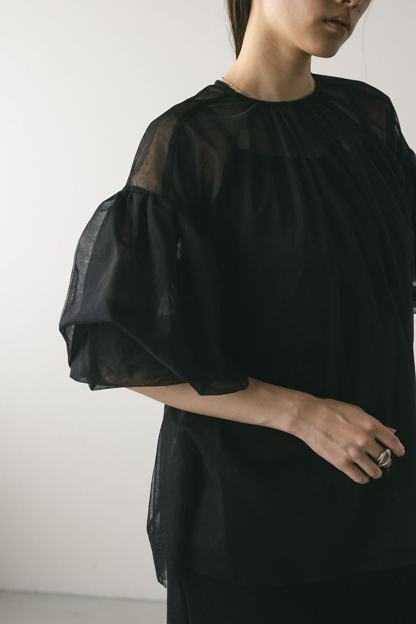 ギャザースリーブチュールトップ BLK FREE