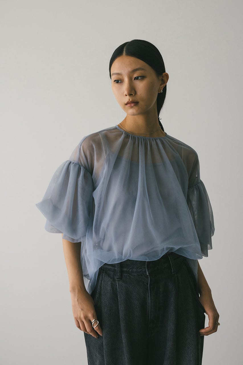 ギャザースリーブチュールトップ SAX FREE