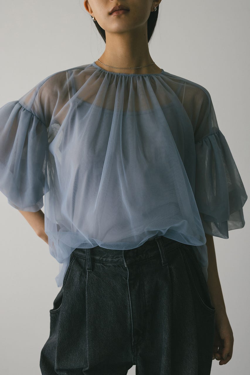ギャザースリーブチュールトップ SAX FREE