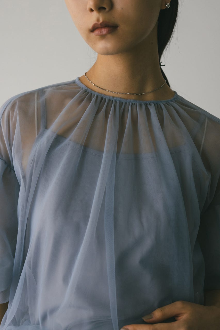 ギャザースリーブチュールトップ SAX FREE