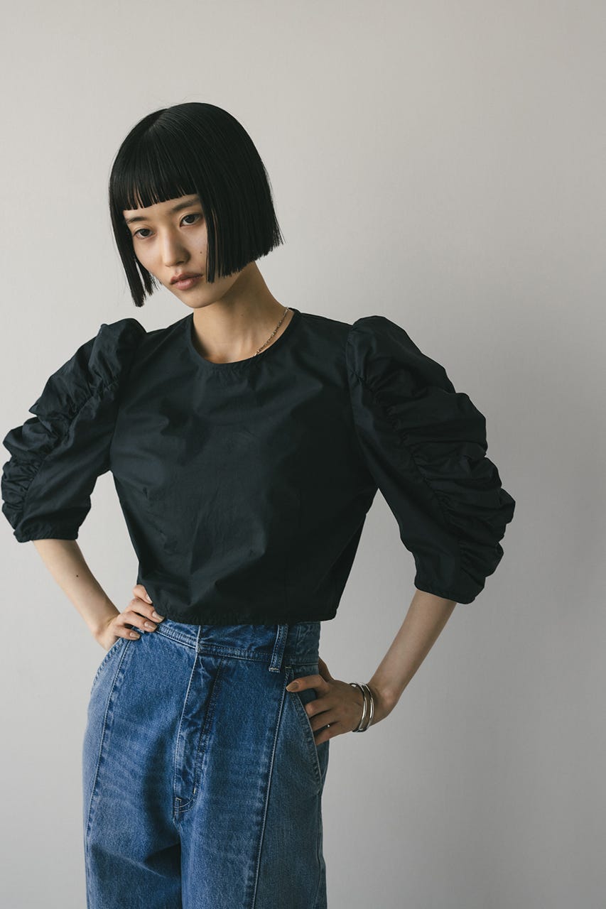 ショルダーギャザーブラウス BLK S