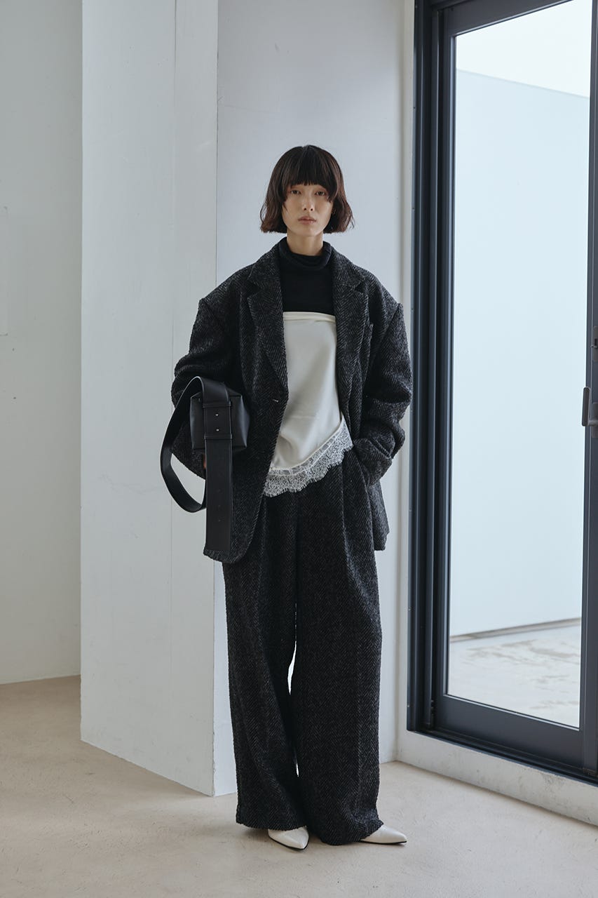 ヘリンボーンタックパンツ BLK S