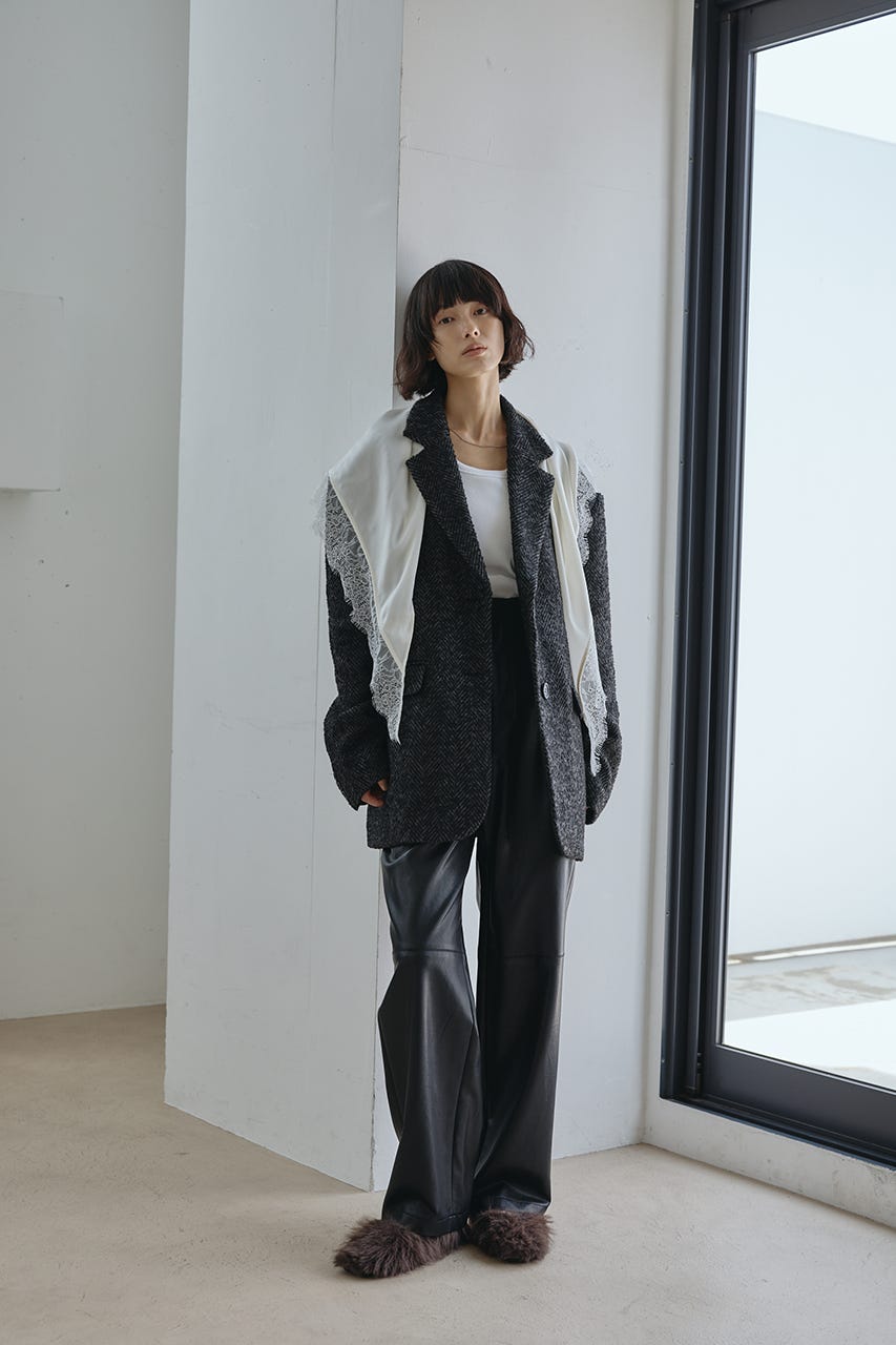 ヘリンボーンタックパンツ BLK S