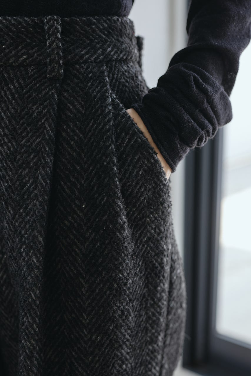 ヘリンボーンタックパンツ BLK S