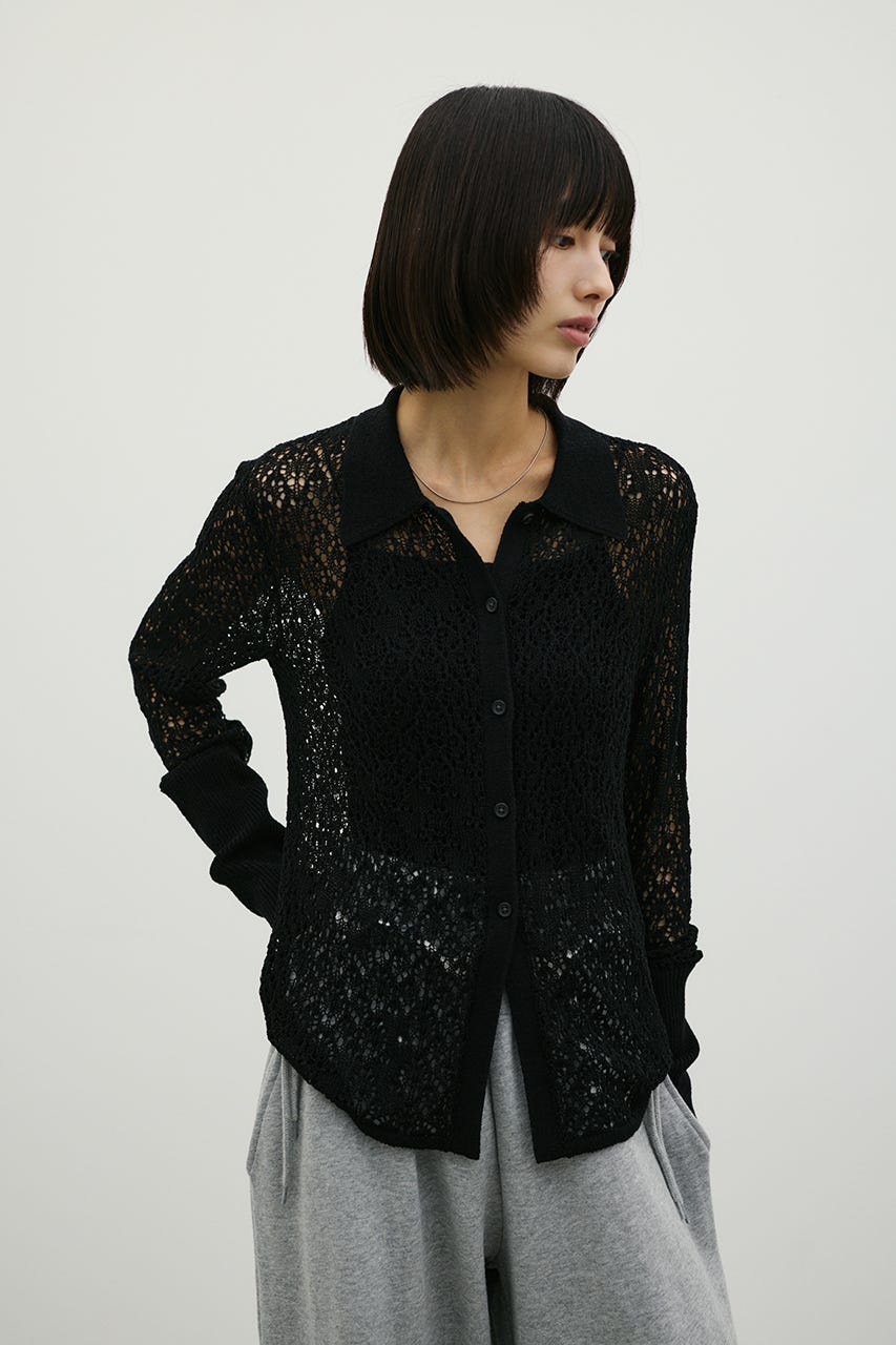 ロングリブクロシェドライニットポロ BLK FREE