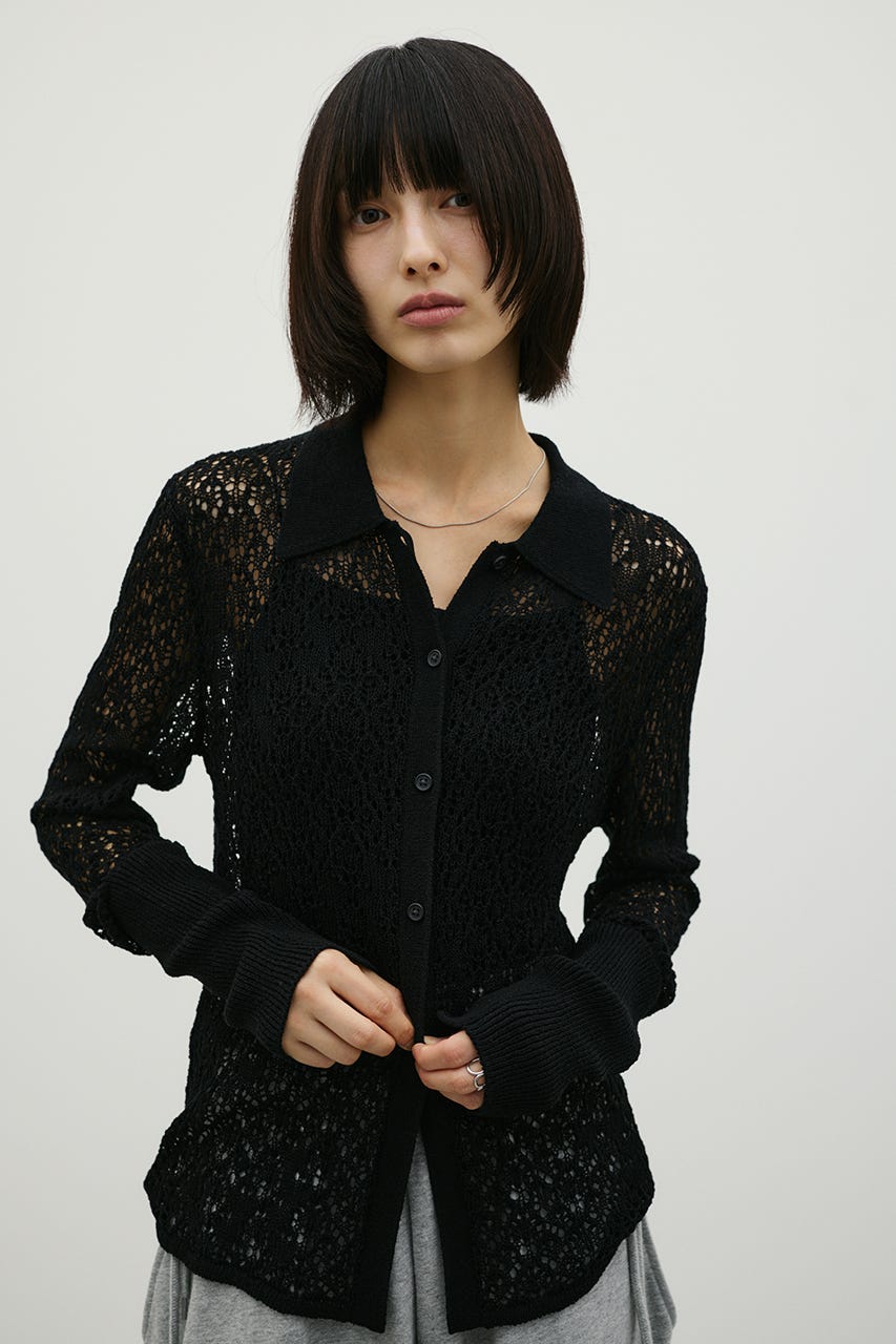 ロングリブクロシェドライニットポロ BLK FREE