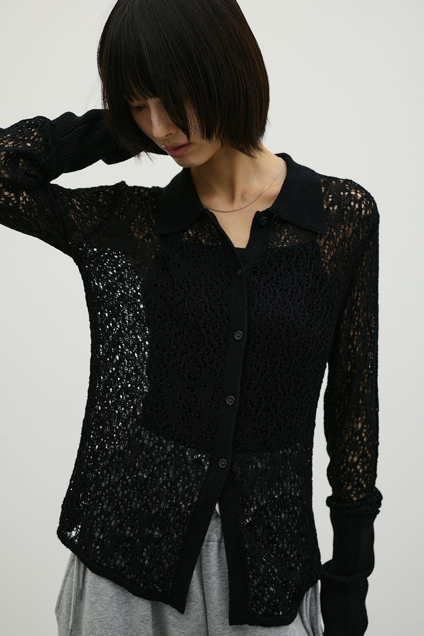 ロングリブクロシェドライニットポロ BLK FREE