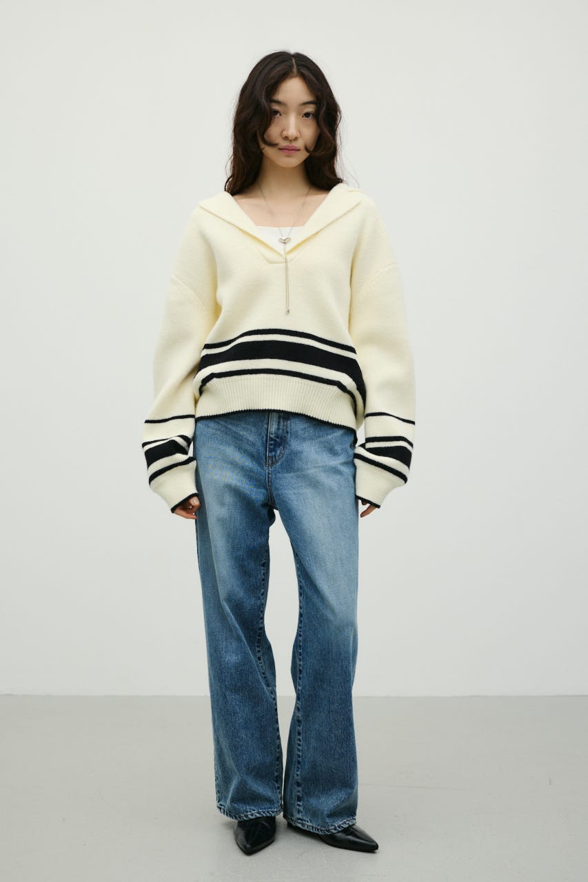 テーラーカラーニットトップ 柄WHT FREE