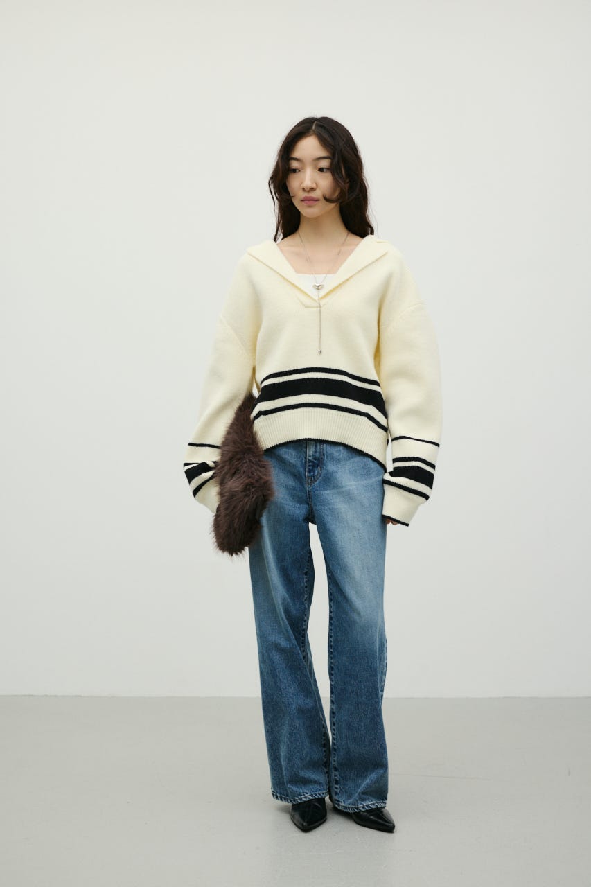 テーラーカラーニットトップ 柄WHT FREE