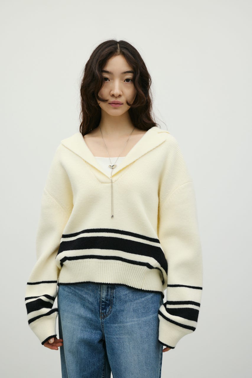 テーラーカラーニットトップ 柄WHT FREE