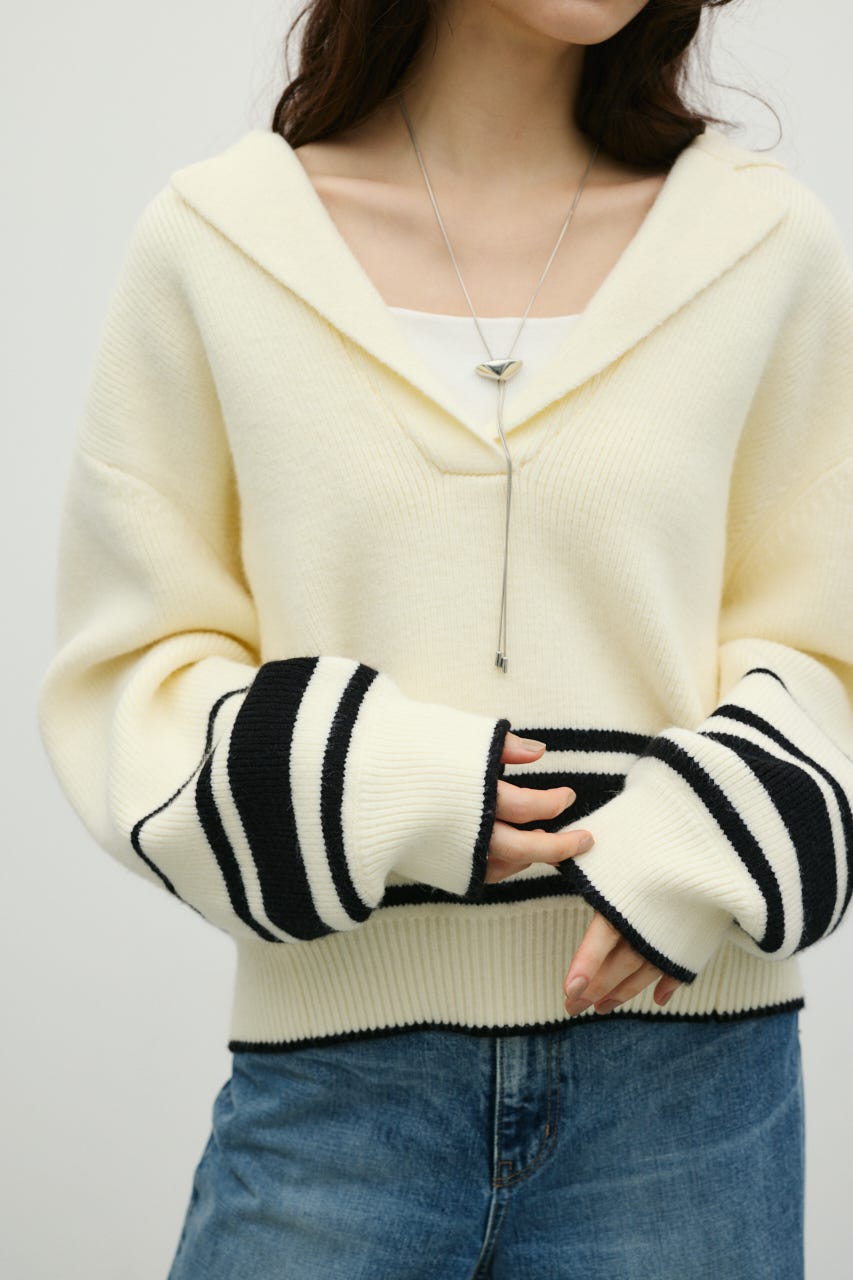テーラーカラーニットトップ 柄WHT FREE