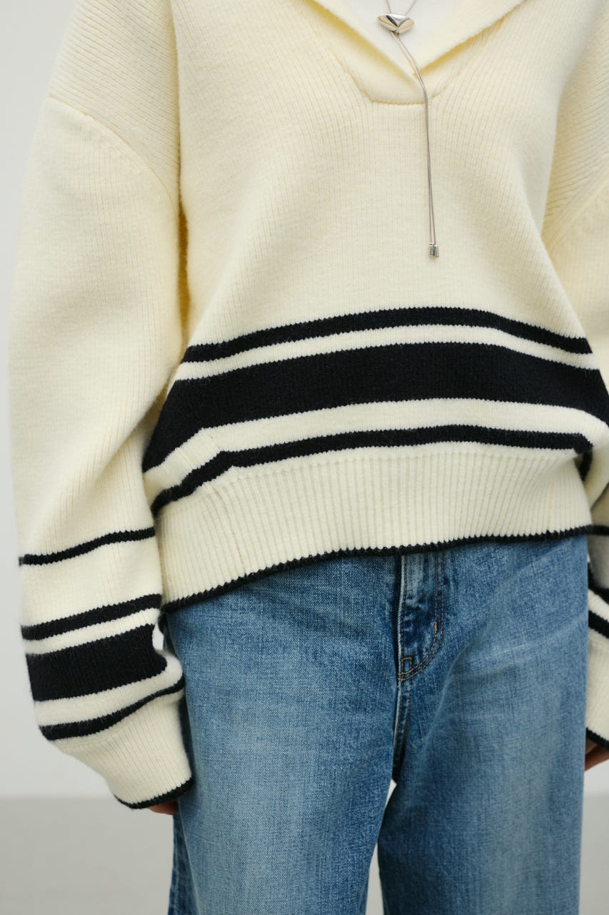テーラーカラーニットトップ 柄WHT FREE