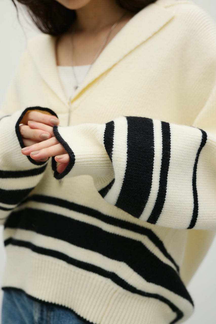 テーラーカラーニットトップ 柄WHT FREE
