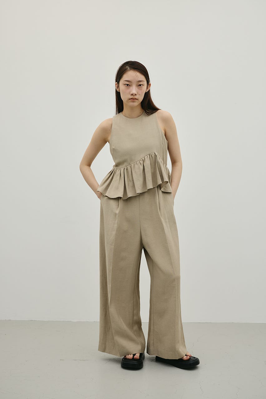 リネンミックスフリルオールインワン L/BEG S