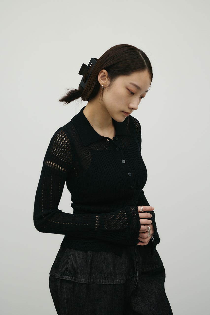 アイレットレースニットポロ BLK FREE