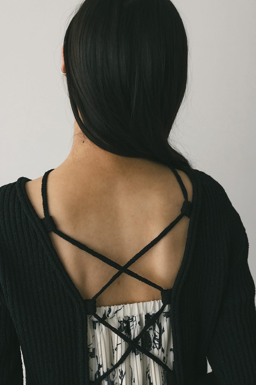 レースアップリブニットトップ BLK FREE