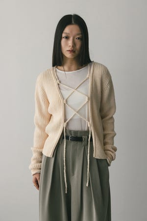 レースアップリブニットトップ