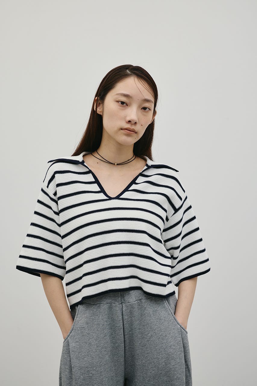 スキッパーニットポロ 柄WHT FREE