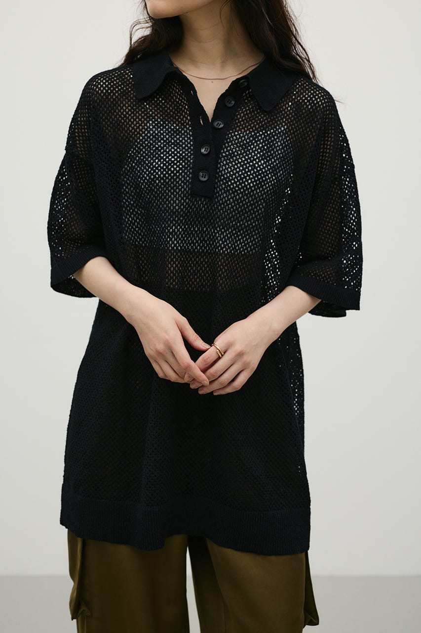 メッシュオーバーニットポロ BLK FREE