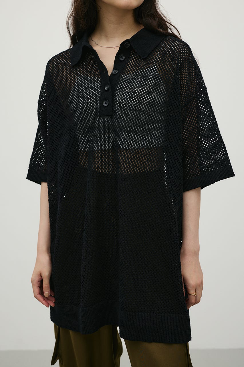 メッシュオーバーニットポロ BLK FREE
