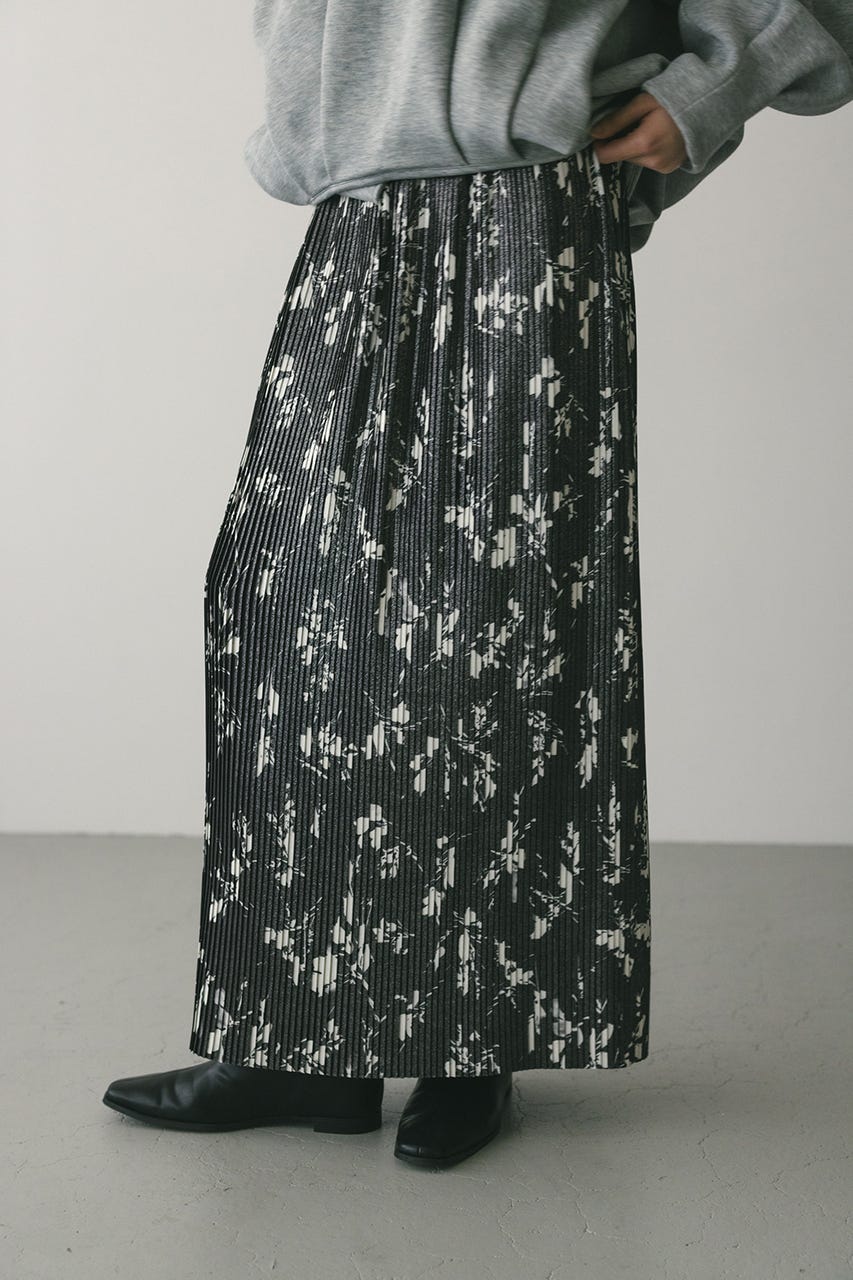 フラワープリントプリーツスカート BLK M