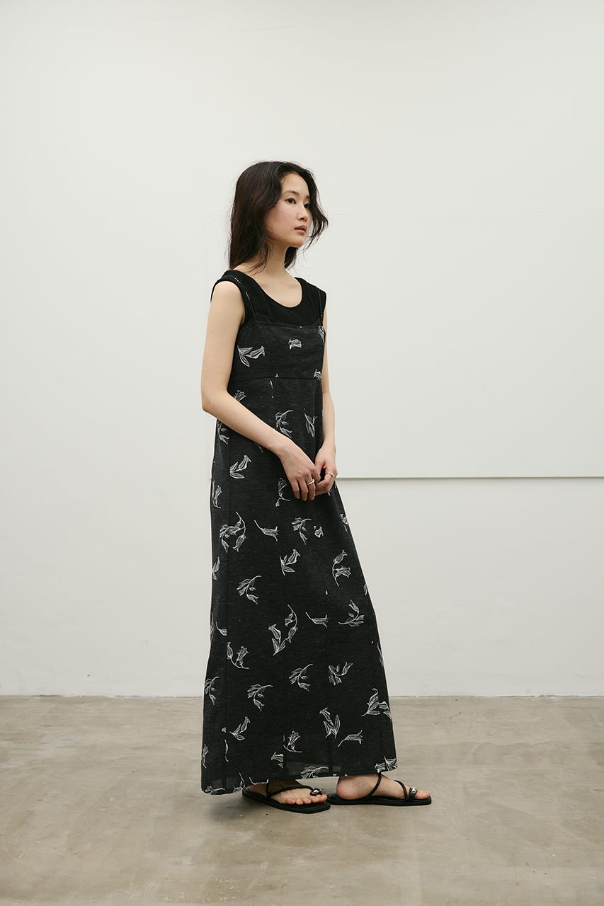 リネンミックスレイヤードキャミワンピース 柄BLK M