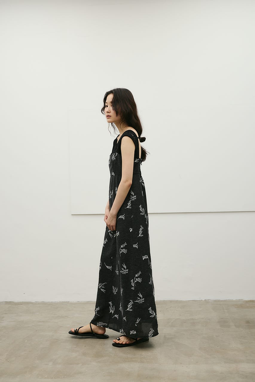 リネンミックスレイヤードキャミワンピース 柄BLK M