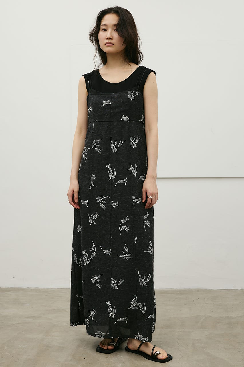 リネンミックスレイヤードキャミワンピース 柄BLK M