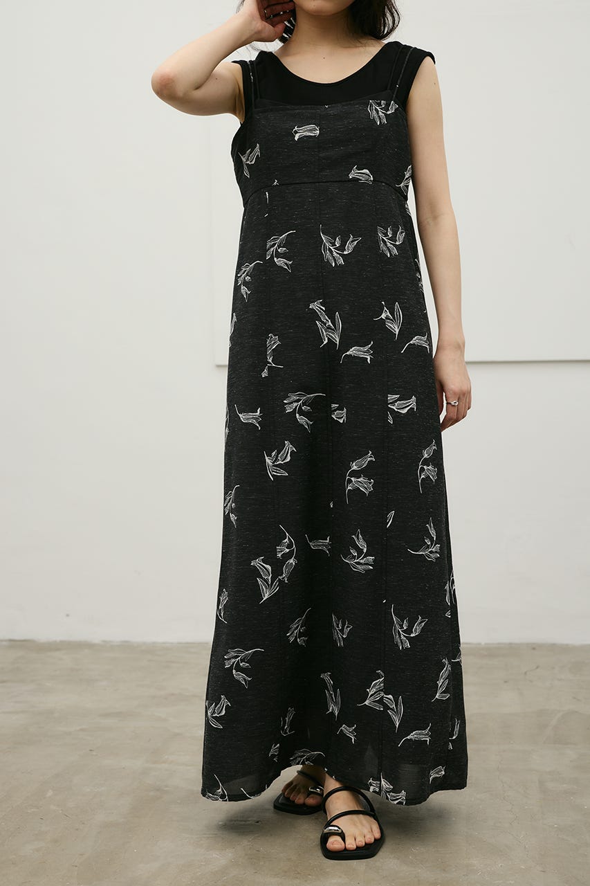 リネンミックスレイヤードキャミワンピース 柄BLK M