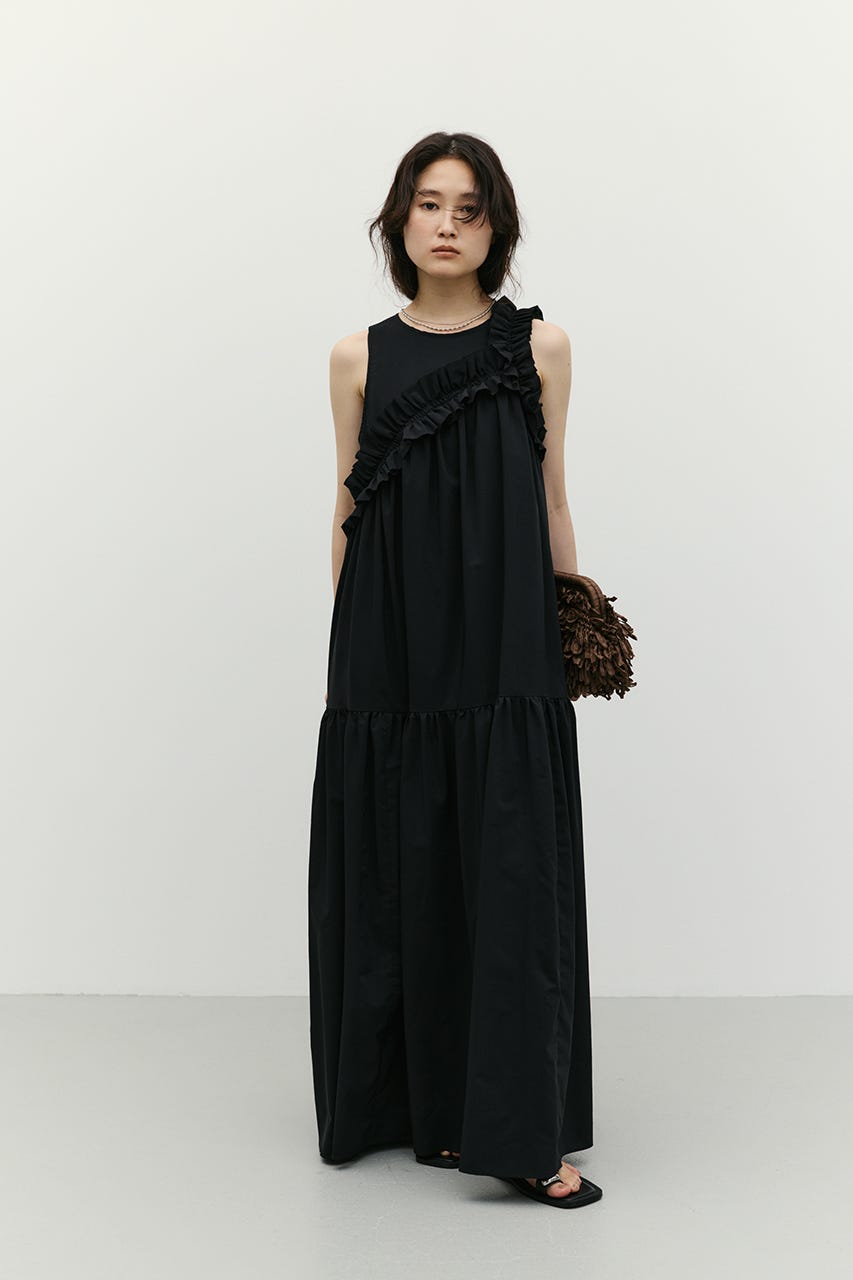 アシンメトリーフリルティアードワンピース BLK M