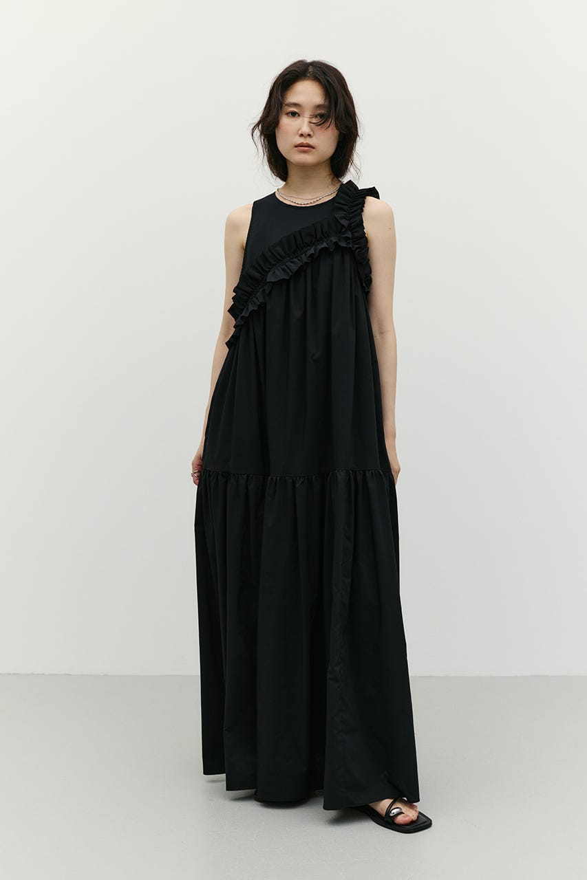アシンメトリーフリルティアードワンピース BLK M