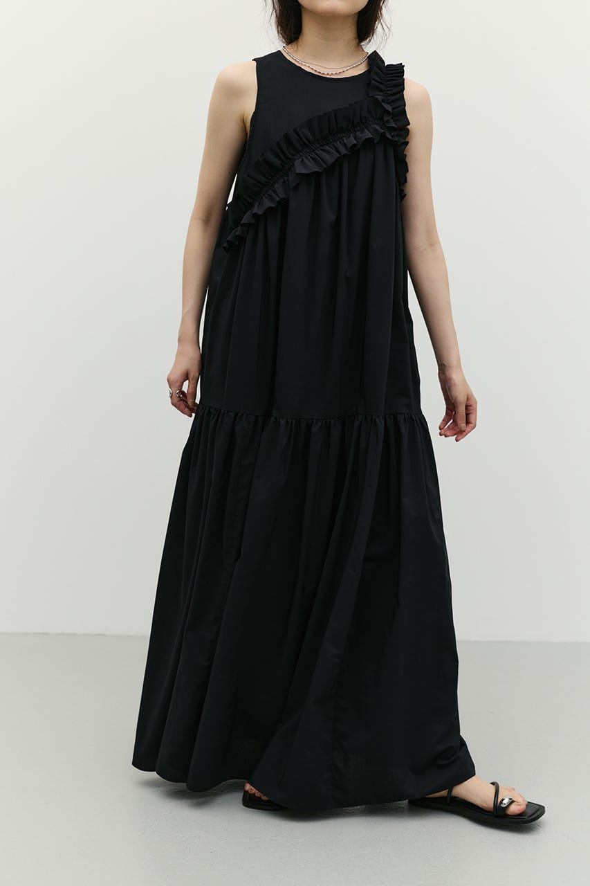 アシンメトリーフリルティアードワンピース BLK M