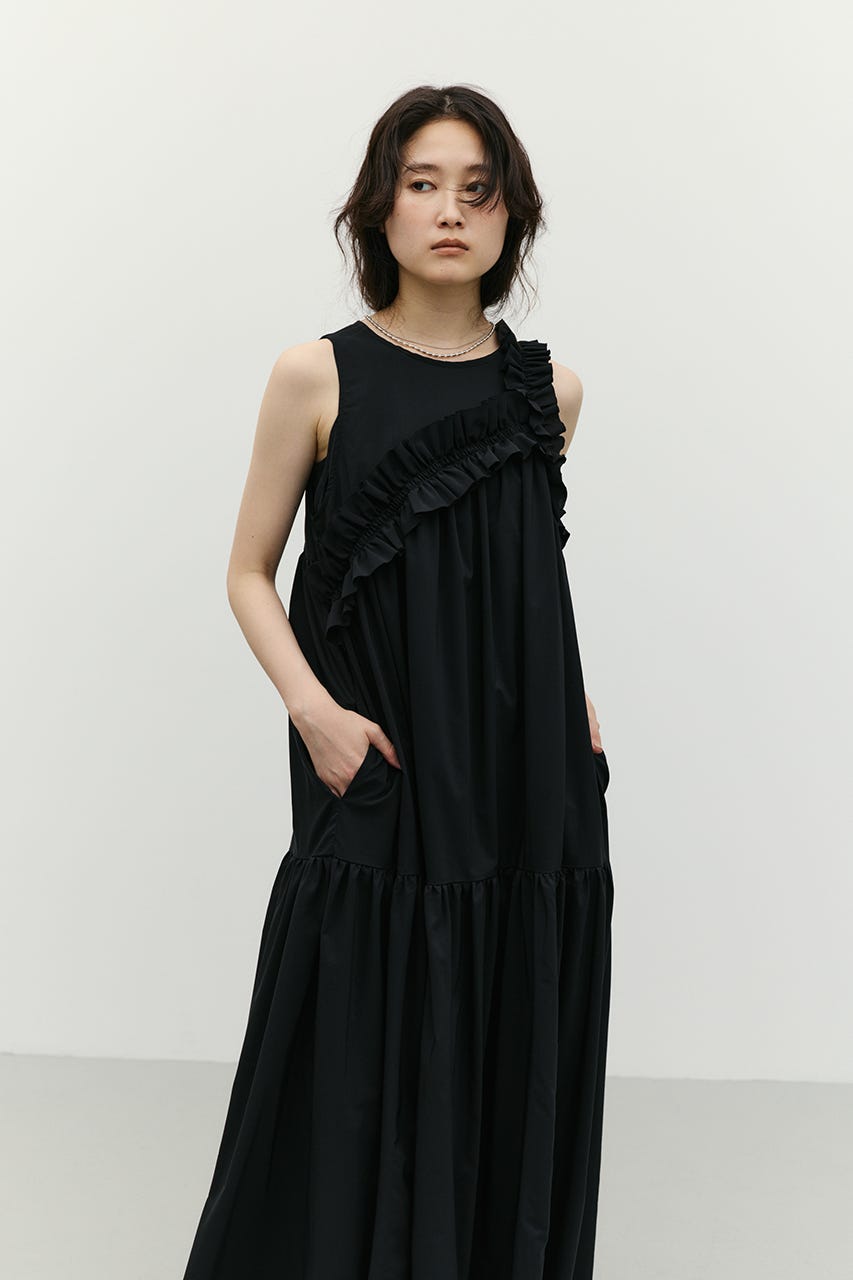 アシンメトリーフリルティアードワンピース BLK M