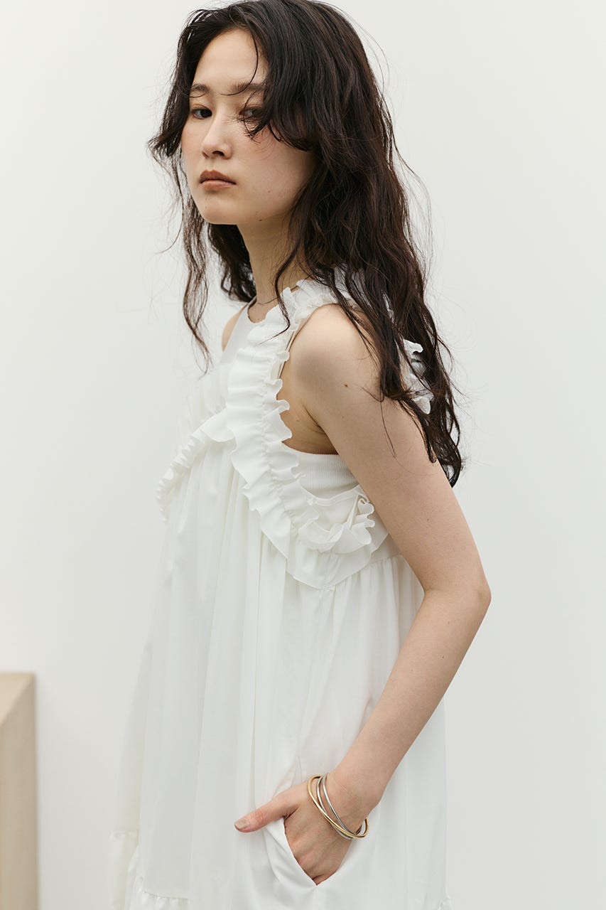 アシンメトリーフリルティアードワンピース WHT M