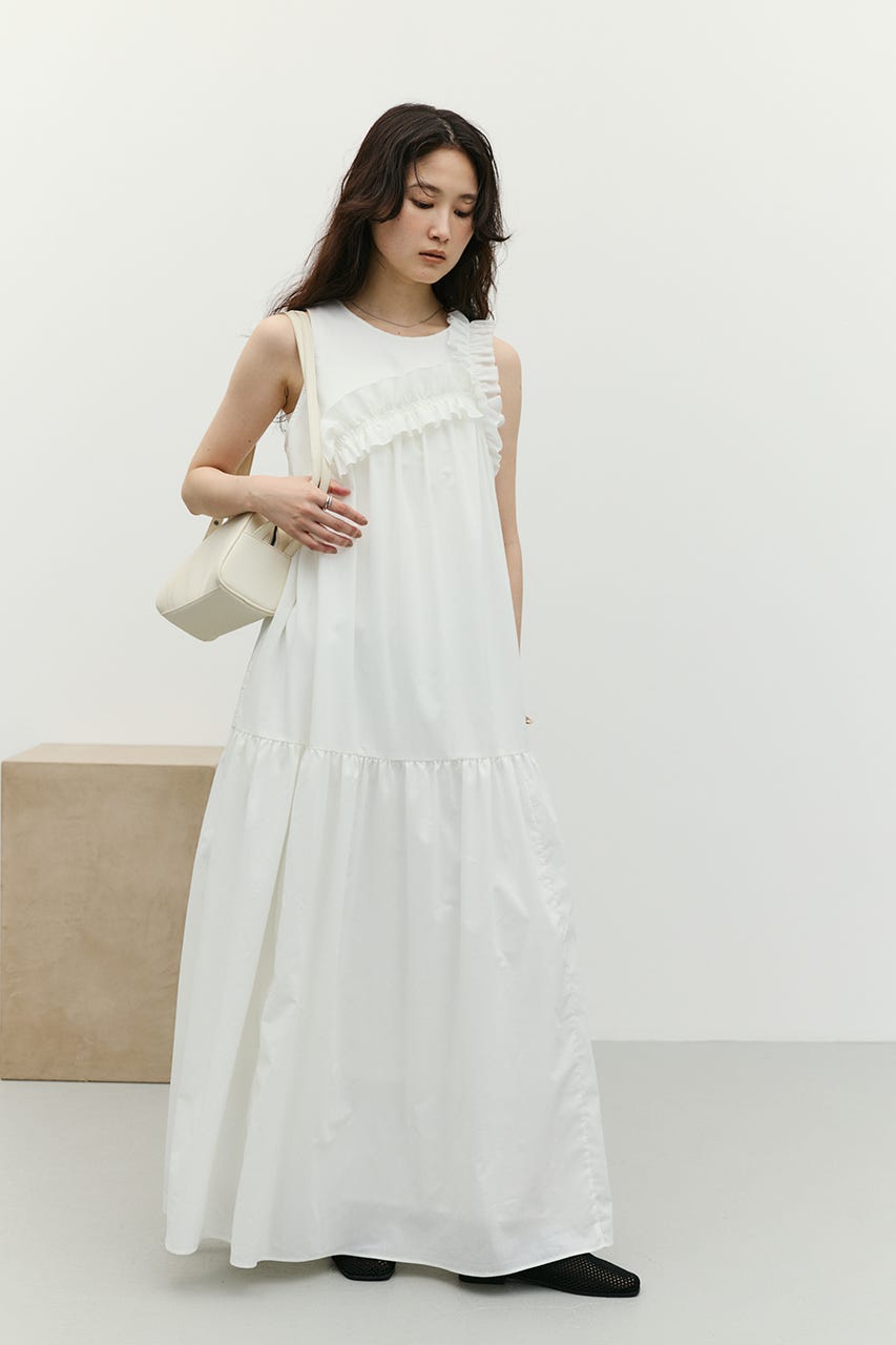 アシンメトリーフリルティアードワンピース WHT M
