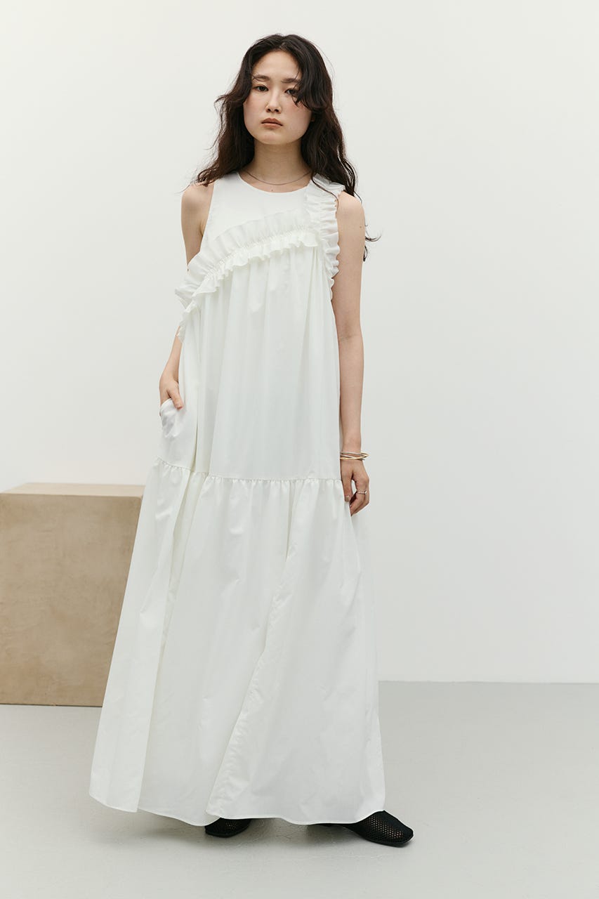 アシンメトリーフリルティアードワンピース WHT M