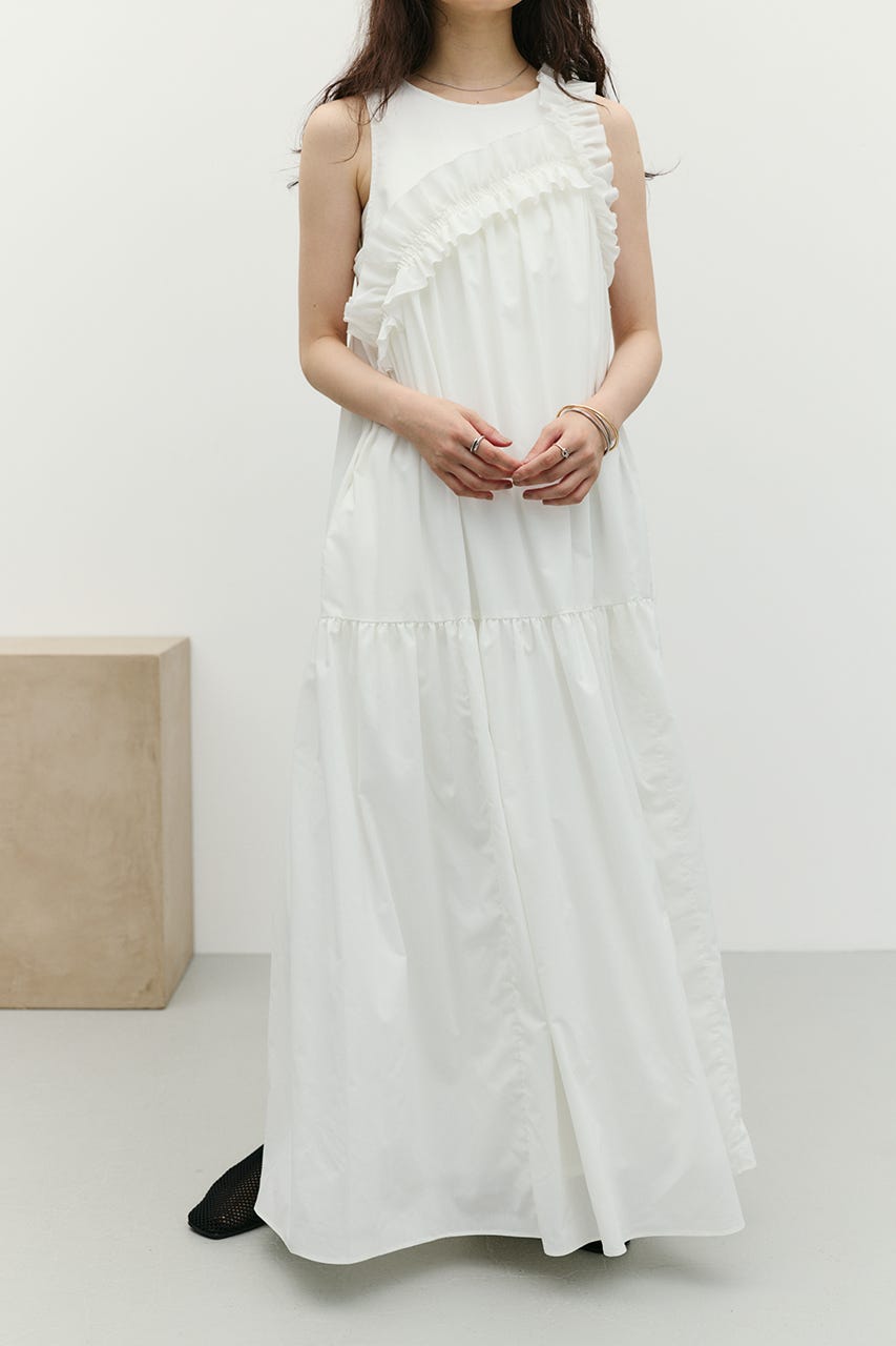 アシンメトリーフリルティアードワンピース WHT M