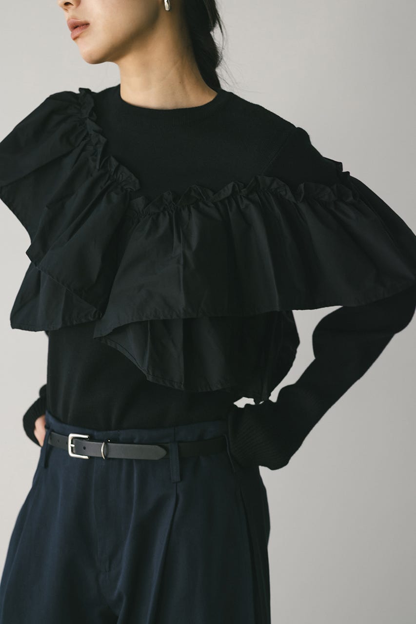 アシンメトリーフリルニットトップ BLK FREE