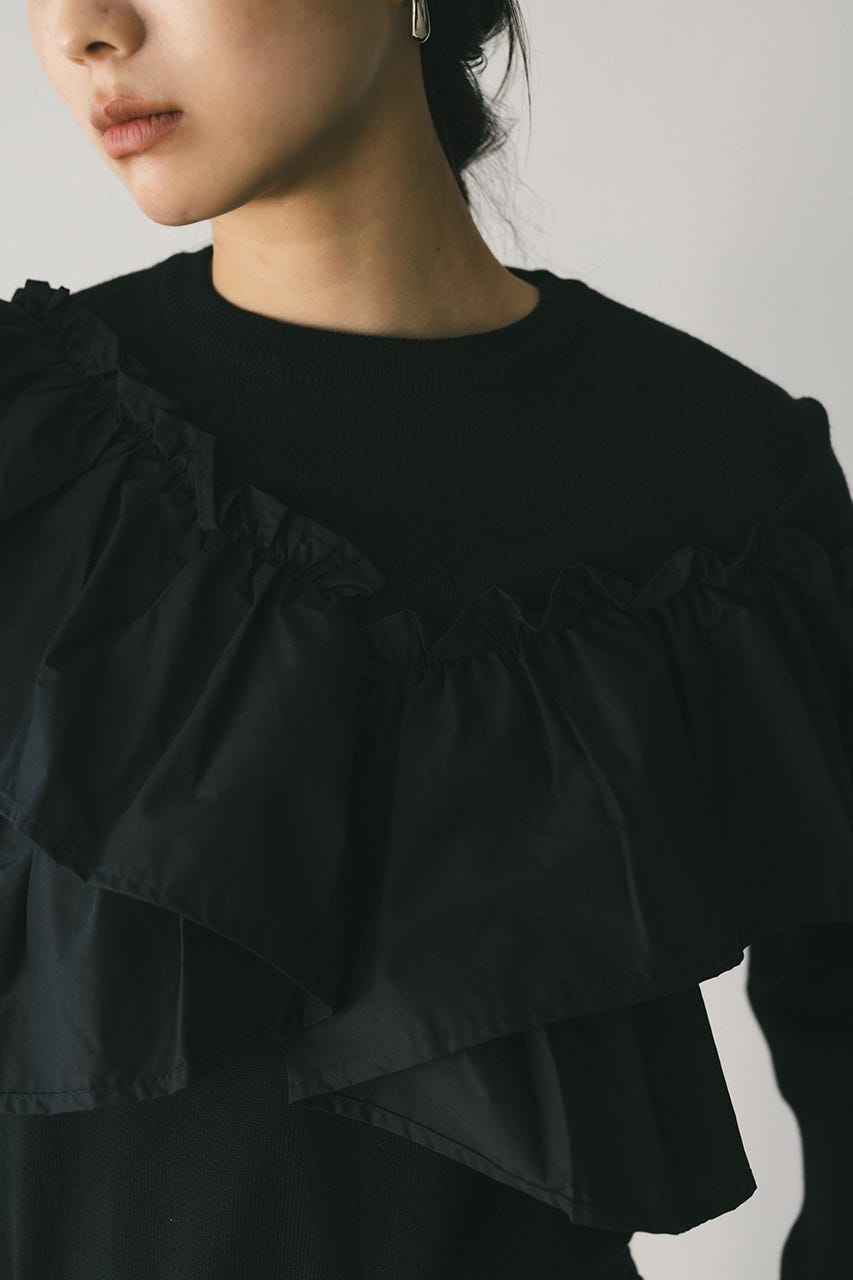 アシンメトリーフリルニットトップ BLK FREE