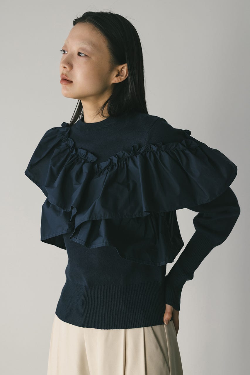アシンメトリーフリルニットトップ NVY FREE