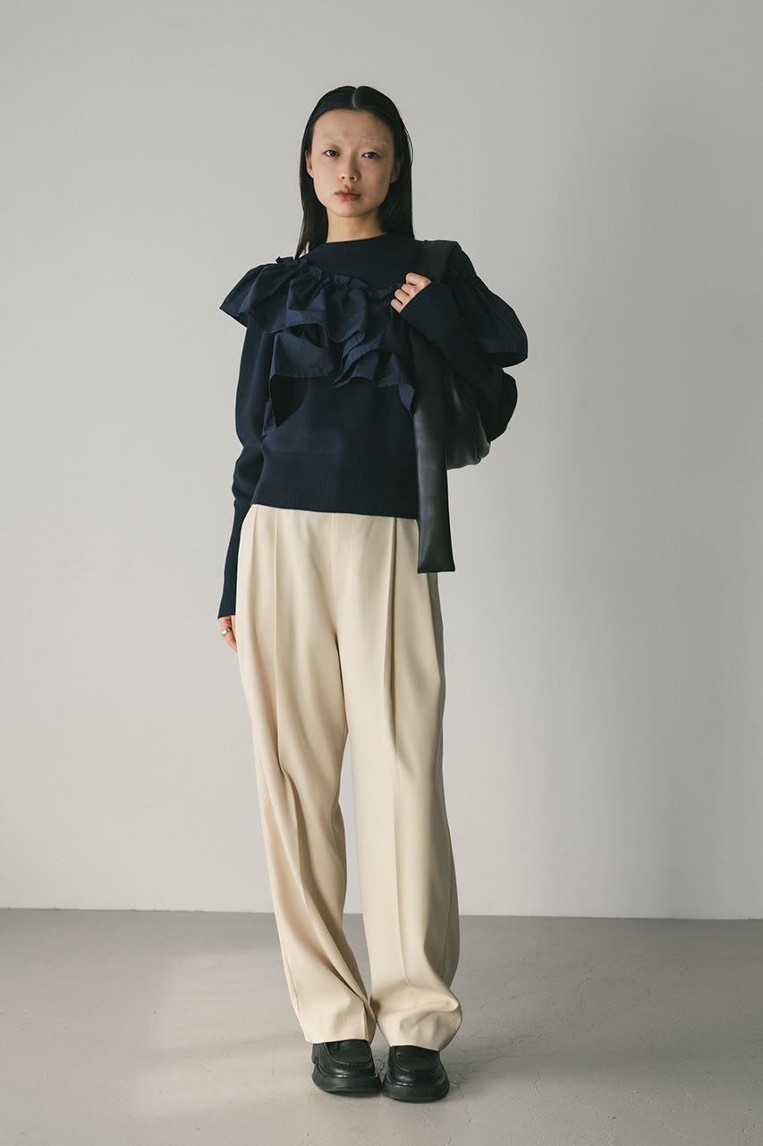 アシンメトリーフリルニットトップ NVY FREE