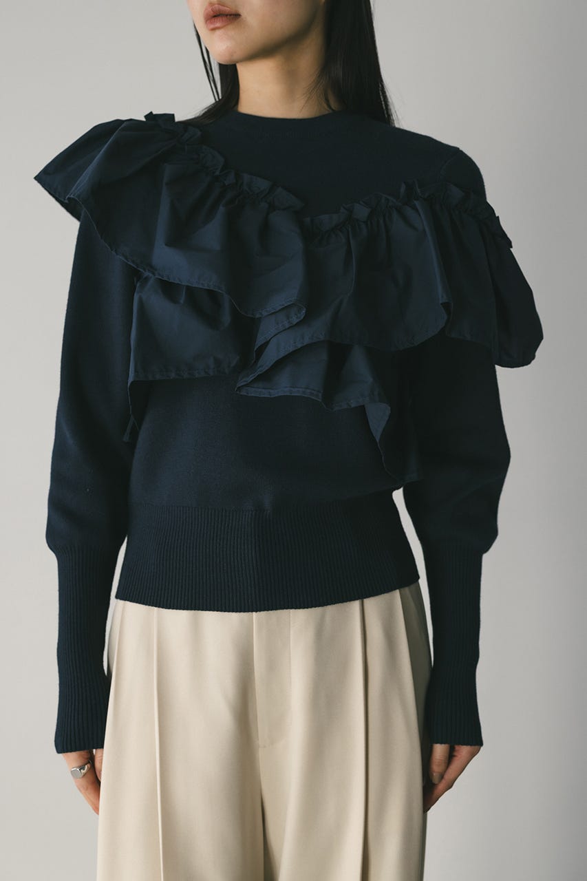 アシンメトリーフリルニットトップ NVY FREE