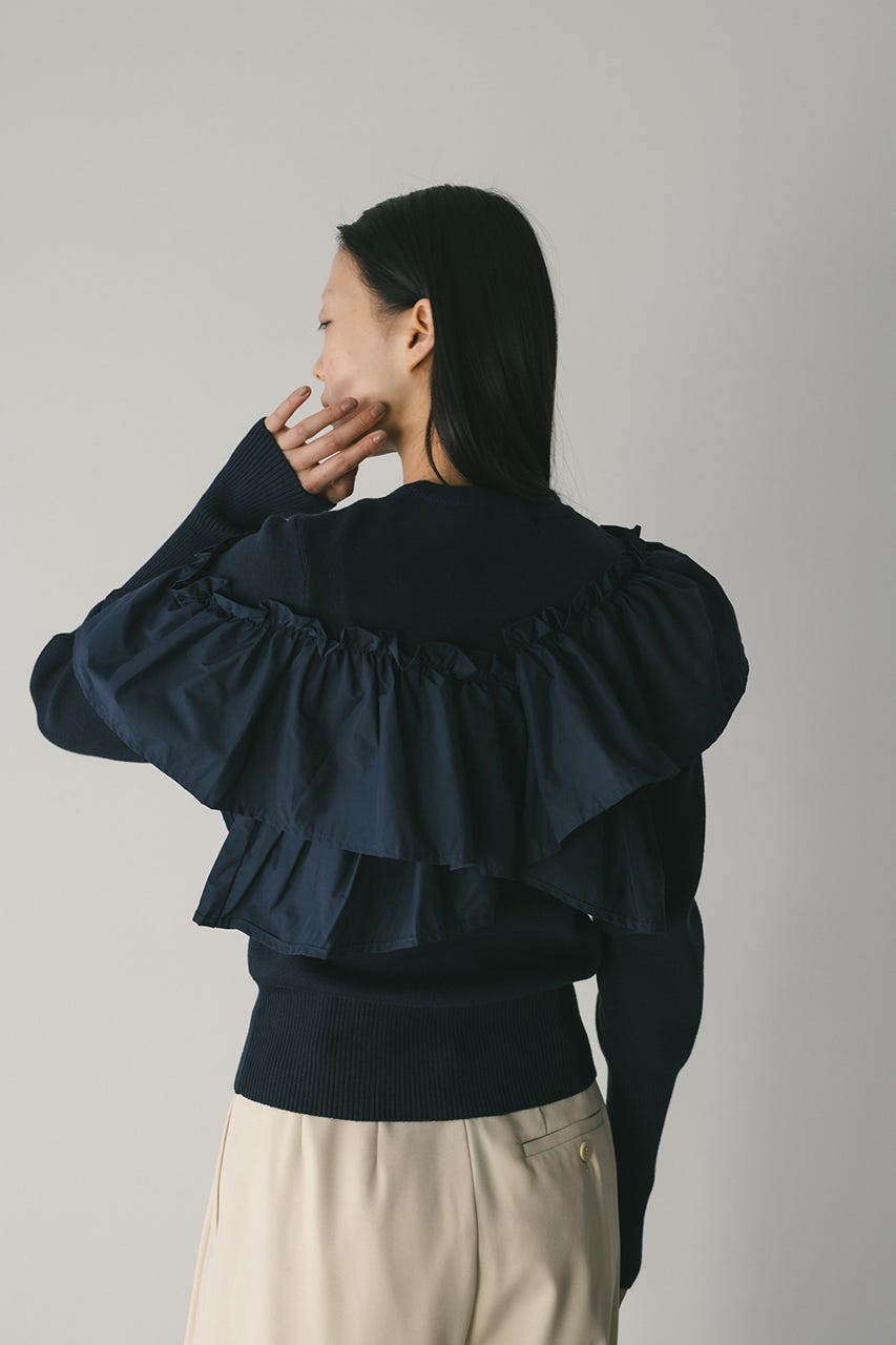 アシンメトリーフリルニットトップ NVY FREE