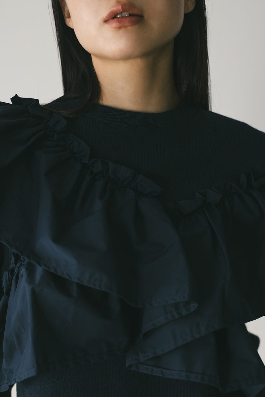 アシンメトリーフリルニットトップ NVY FREE