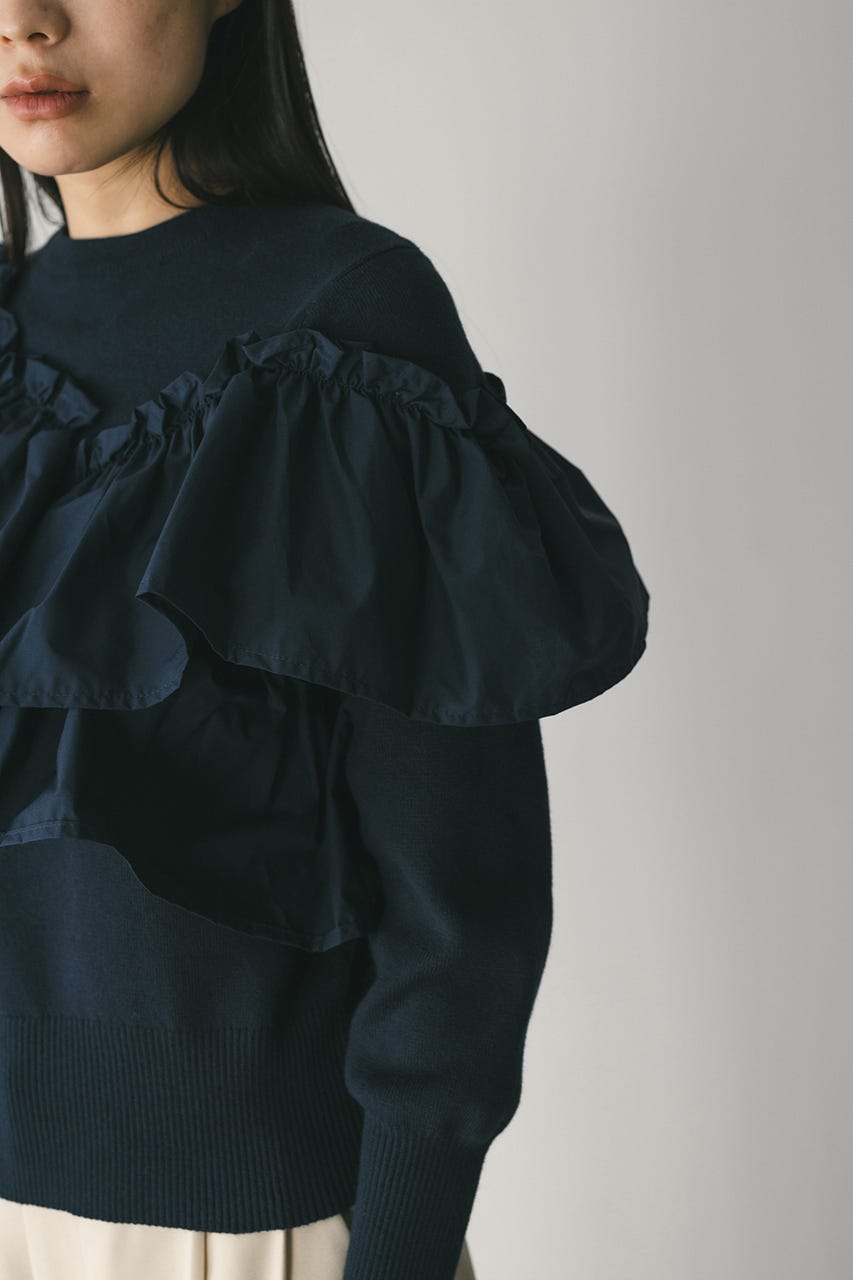 アシンメトリーフリルニットトップ NVY FREE