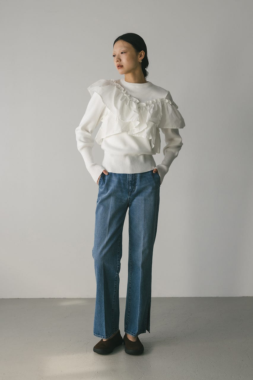 アシンメトリーフリルニットトップ WHT FREE