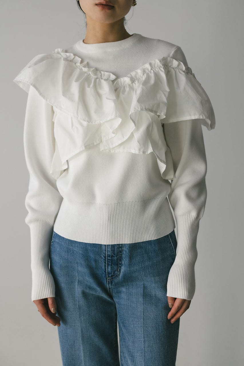 アシンメトリーフリルニットトップ WHT FREE